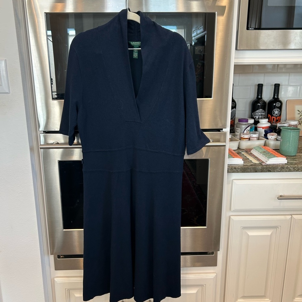 Ralph Lauren Navy 3/4 sleeve knit Dress L missing belt slight wear GUC